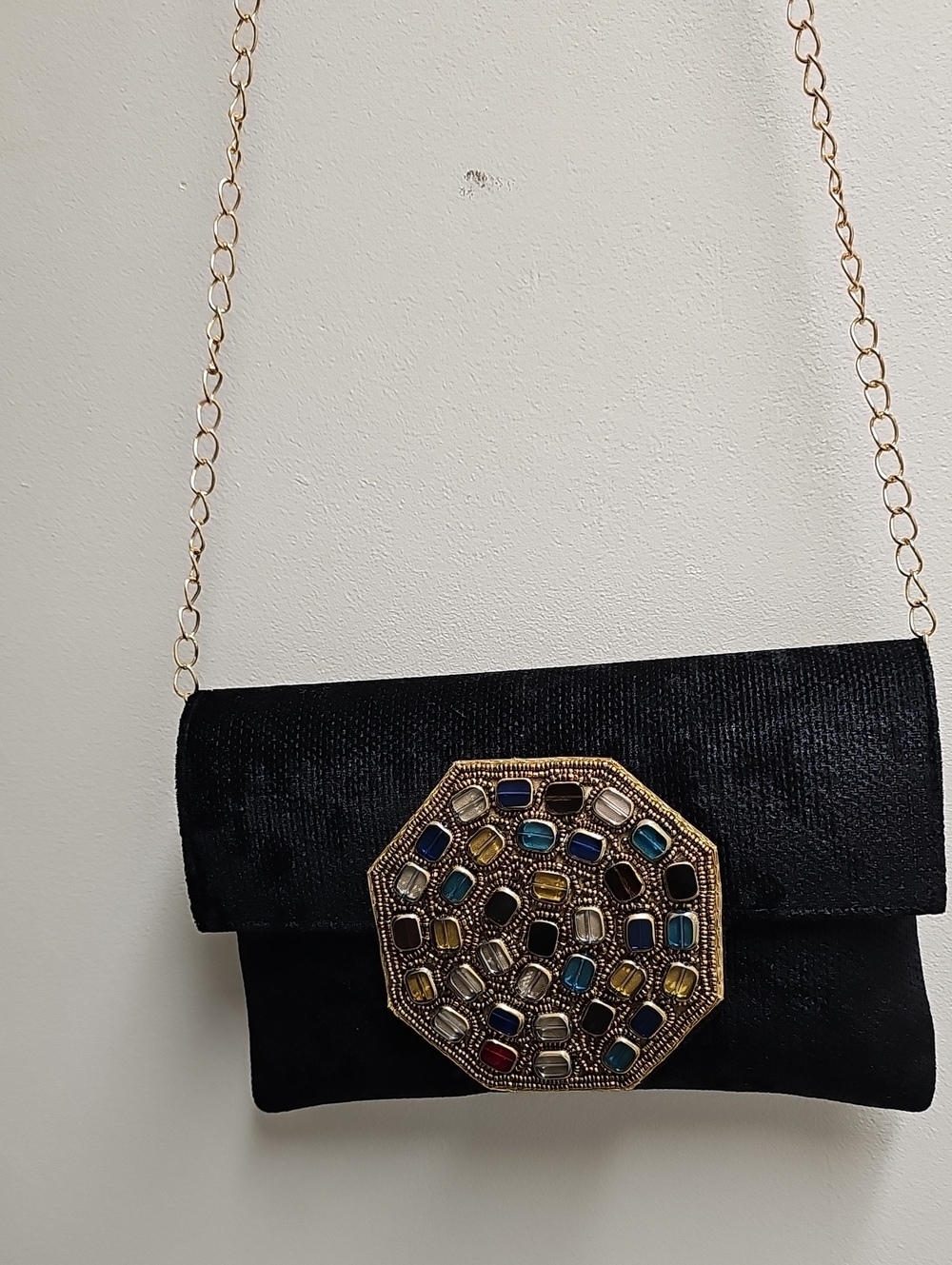 Black Beaded Octagon Accent Shoulder Bag